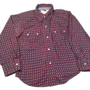 Roper Western Wear Pearl Snap Shirt Youth Boys XS Red Blue Geometric Long Sleeve